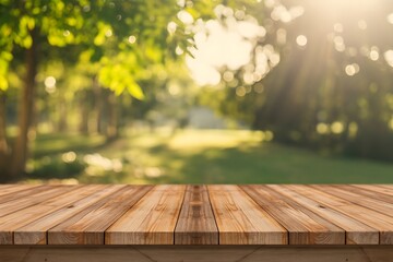 Warm sunlight filters through lush green trees creating a soft bokeh effect behind a rustic wooden table surface