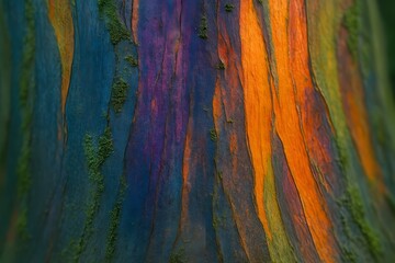 Close-up of rainbow eucalyptus tree bark with vibrant natural stripes in blue, purple and orange. Textured surface with moss details, soft rainforest lighting. Abstract nature pattern for artistic.