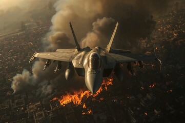 A military plane is flying over a city that is on fire.