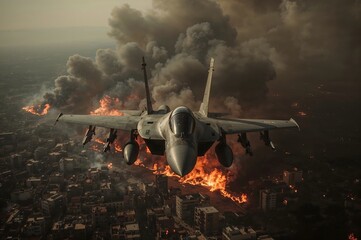 A military plane is flying over a city that is on fire.