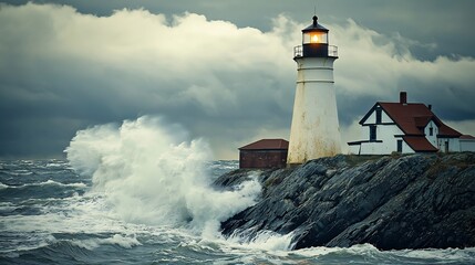 Old rustic lighthouse standing on a rocky cliff powerful waves crashing below cinematic stormy sea