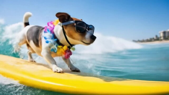 A happy jack russell terrier dog wearing sunglasses and a lei surfs on a yellow surfboard, enjoying a sunny day at the beach