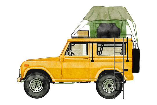 camping, off road vehicle old yellow truck car tropical vintage, camp on the car, watercolor wall art decorative sketch camping Travel Vacation Hand drawn on transparent background.