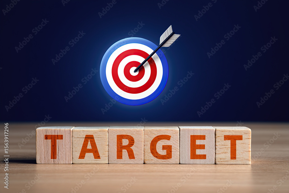Poster conceptual image of a target with an arrow hitting the bullseye above wooden blocks spelling target 