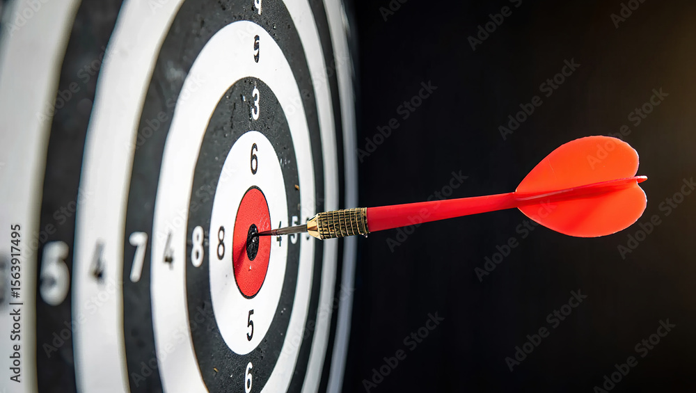 Poster a dart hitting the bullseye on a dartboard representing accuracy, precision, and achieving goals wit