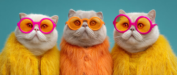 Fototapeta premium Three fluffy cats wearing colorful round sunglasses and vibrant faux fur coats against a teal background.