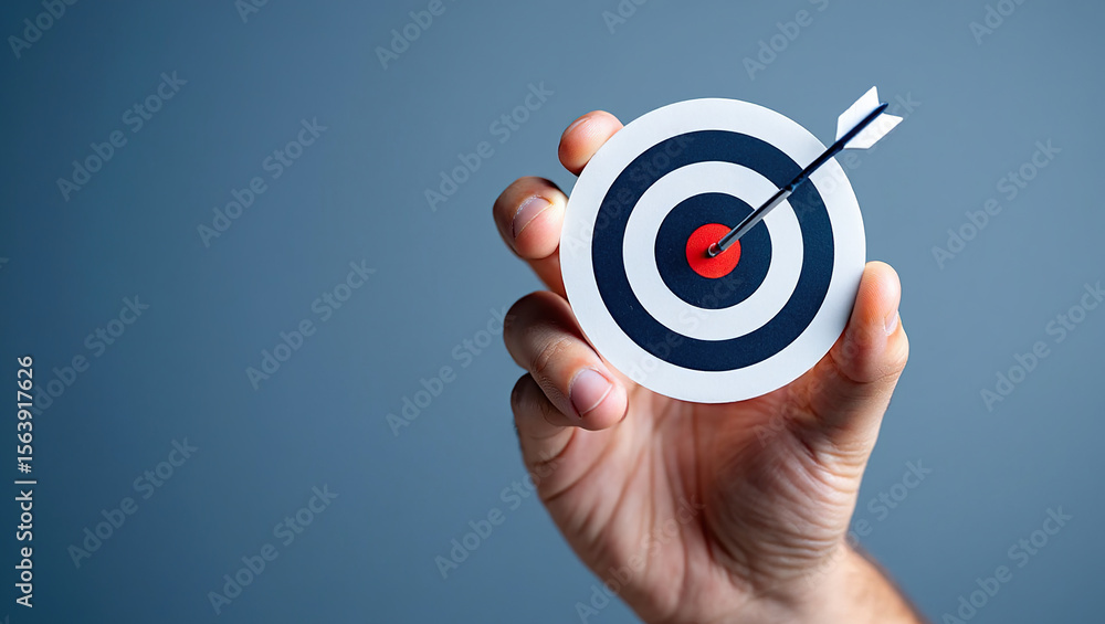 Poster achieving goals a hand holding a dartboard with an arrow in the bullseye symbolizing success and pre