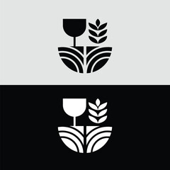 An abstract black and white logo design featuring a stylized wine glass and wheat, isolated on a split gray and black background