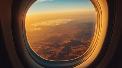 Airplane window view showcasing a breathtaking sunset over mountainous terrain, with clouds scattered across the horizon, creating a serene and tranquil atmosphere during flight
