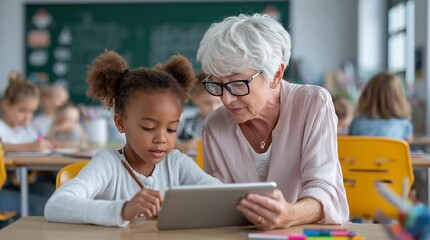 grandmother and grandson using laptop - Powered by Adobe