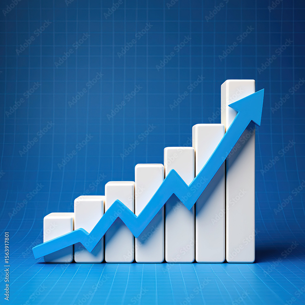 Poster blue arrow ascending on a bar graph with grid background illustrating positive trends and financial 