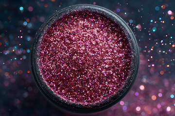 Sparkling magenta glitter powder in a dark container with bokeh background sparkle pink