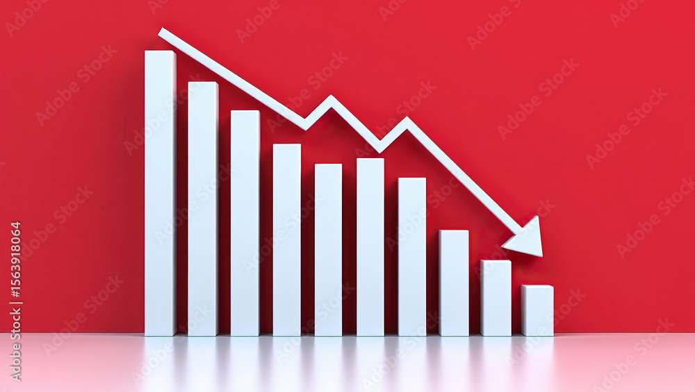 Poster declining business performance a bar graph with a downward trend line against a red background illus