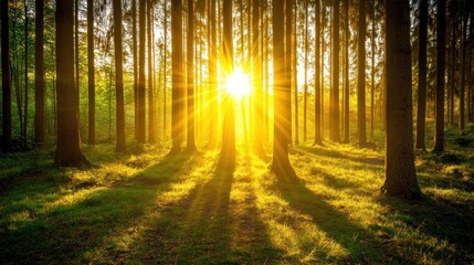 Naklejka premium Radiant Forest: Sunburst Through Trees, Golden Light on Green Grass