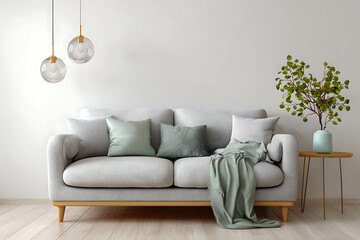 Serene living space with light grey sofa and sage green accents living room couch