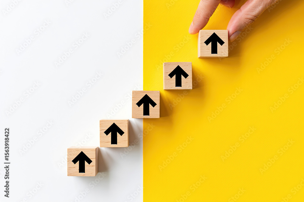 Poster stairway to success a conceptual image of wooden blocks with upward arrows representing growth and p