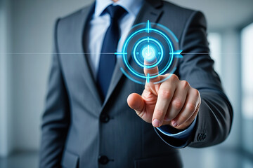 Strategic Precision A Businessman's Touch on a High-Tech Target Interface, Representing Focused Goals, Technological Advancement, and the Pursuit of Business Objectives