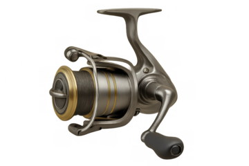 Modern fishing reel isolated on transparent background, ideal for fishing or outdoor-related projects