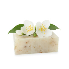 Soap bar and jasmine flowers isolated on white