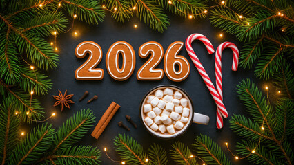 Christmas flat lay with gingerbread 2026 numbers, candy canes, hot chocolate with marshmallows, cinnamon, star anise, fir branches, and warm lights.