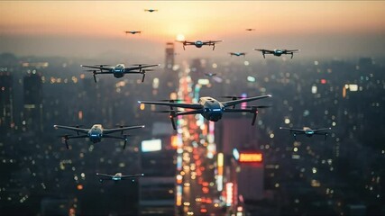 Futuristic unmanned aircraft soar above a vibrant city at sunset, showcasing modern technology. - Powered by Adobe