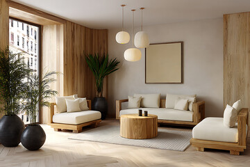 Serene living space with natural wood furniture and ambient lighting living room minimalist