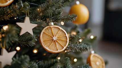 Christmas tree decorated with dried orange slices, wooden stars, and warm lights creating cozy natural holiday atmosphere. Simple festive eco-friendly decor.