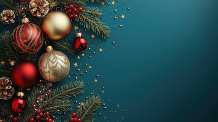 Christmas banner with red and gold ornaments, pine branches, cones, berries, and copy space on green background. Festive design for seasonal greetings.