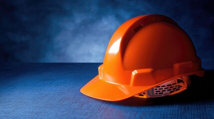 A vibrant orange construction helmet rests on a deep blue textured surface, showcasing its design aimed at ensuring safety in construction and industrial activities