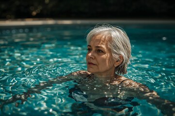 An old woman is swimming in the pool