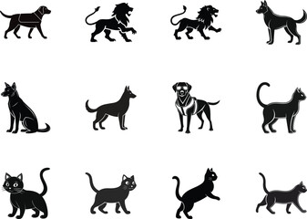 Twelve animal black silhouettes, including dogs, cats, and lions, are shown on a transparent background