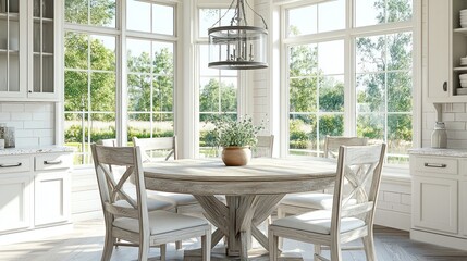 Obraz premium A light-filled, farmhouse-style dining area with large windows.