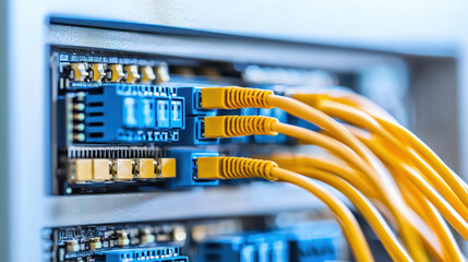 Naklejka premium High quality fiber optic cables connected to network switch, showcasing advanced technology and efficiency data transmission