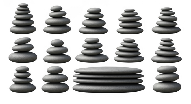 Collection of Balanced Stone Stacks for Creating Serenity and Zen Decor in Tranquil Spaces, isolated on a transparent background