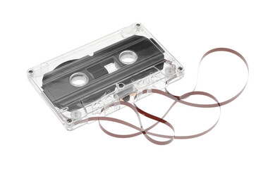 One audio cassette with magnetic tape isolated on white