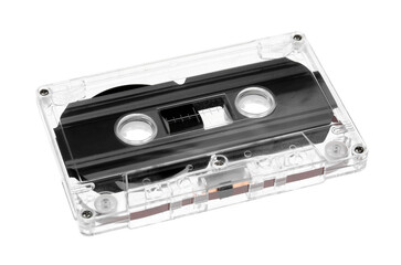 One audio cassette with magnetic tape isolated on white
