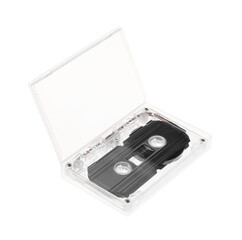Audio cassette in open box isolated on white