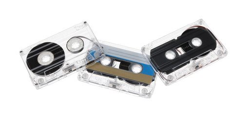Audio cassettes with magnetic tapes isolated on white
