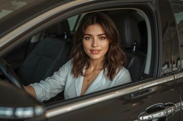 A young woman driving a modern car.