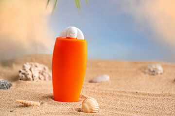Sunblock or sunscreen in cosmetic tube on beach sand and beige background. Summer vacation and skin care concept with starfish and sea shells, spf uv-protect cosmetics. Skin health. High quality photo