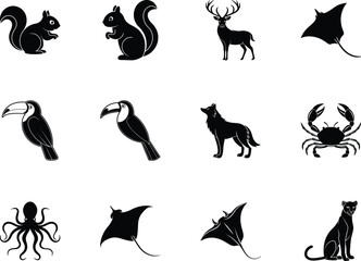 Naklejka premium A monochrome collection shows silhouettes of twelve various animals against a transparent background