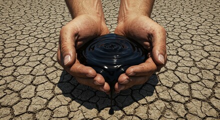 Hands holding black crude oil with cracked earth background, environmental concept