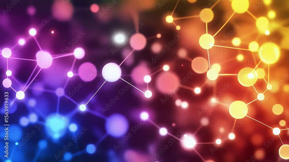 Poster abstract illustration of connected spheres in a colorful gradient background representing networks o