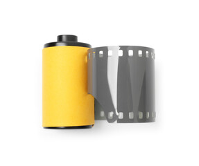 Roll of photographic film isolated on white, top view