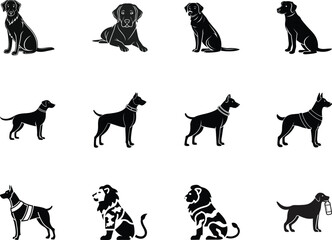 Black dog silhouettes showcase diverse breeds and poses, creating a canine collection on transparent background