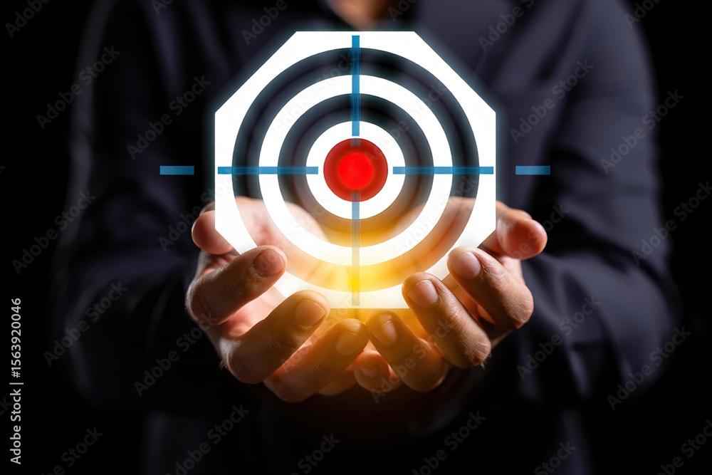 Poster goal centered a symbol of achievement and focus represented by hands holding a target with a bullsey