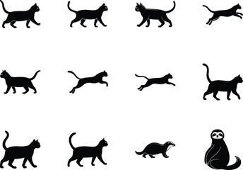 Twelve black silhouette cats pose alongside a ferret and sloth against a white background