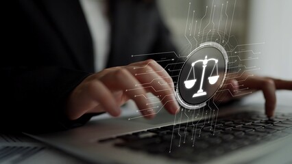 Futuristic digital law interface displaying justice scale, highlighting digital law, AI compliance,...