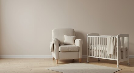 Modern nursery with a rocking chair and a white crib in neutral setting  