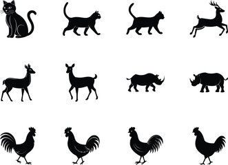Twelve animal silhouettes, including cats, deer, rhinos, and roosters, present a diverse monochrome collection